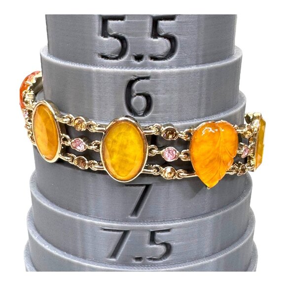 Vintage Gold Leaf Amber Lucite Gemstone Artisan Bracelet Carved Intricate Design - Picture 5 of 8